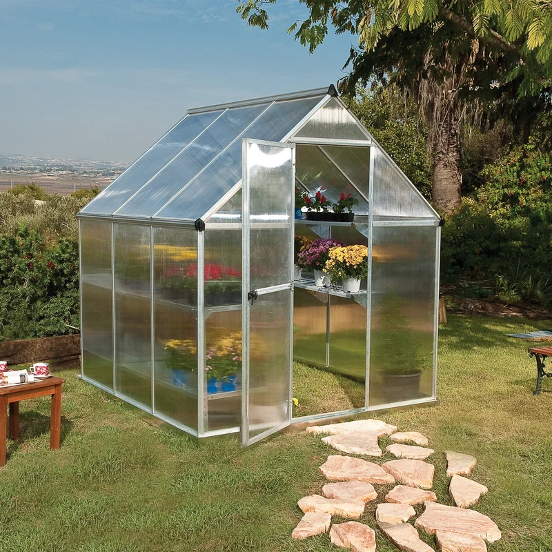 Serre de jardin Mythos 3,4 m² – argent – polycarbonate double paroi, aluminium, base acier, ventilation, montage facile
