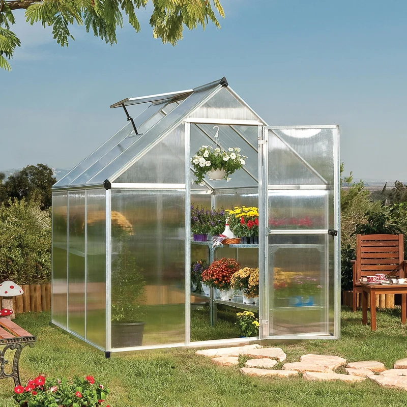 Serre de jardin Mythos 3,4 m² – argent – polycarbonate double paroi, aluminium, base acier, ventilation, montage facile