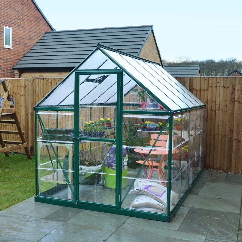 Serre de jardin Hybrid 5,6 m² – vert – polycarbonate double paroi, aluminium, base acier, ventilation, montage facile