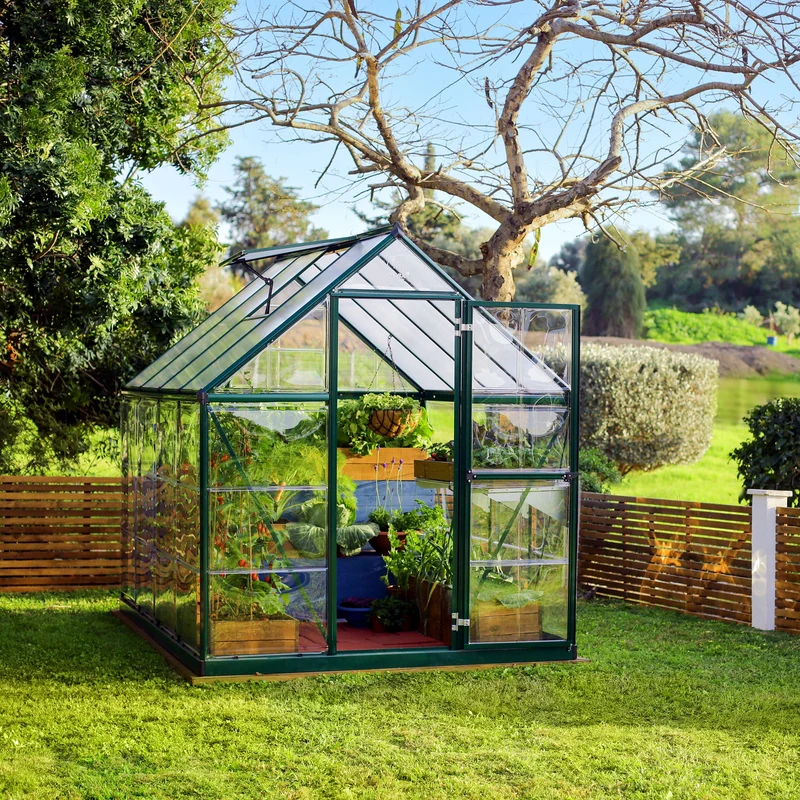 Serre de jardin Hybrid 4,6 m² – vert - polycarbonate double paroi, aluminium, base acier, ventilation, montage facile