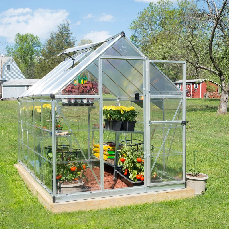 Serre de jardin Hybrid 5,7 m² – argent - polycarbonate double paroi, aluminium, base acier, ventilation, montage facile