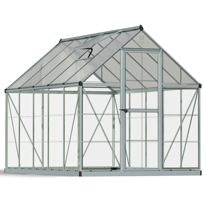 Serre de jardin Hybrid 5,7 m² – argent - polycarbonate double paroi, aluminium, base acier, ventilation, montage facile