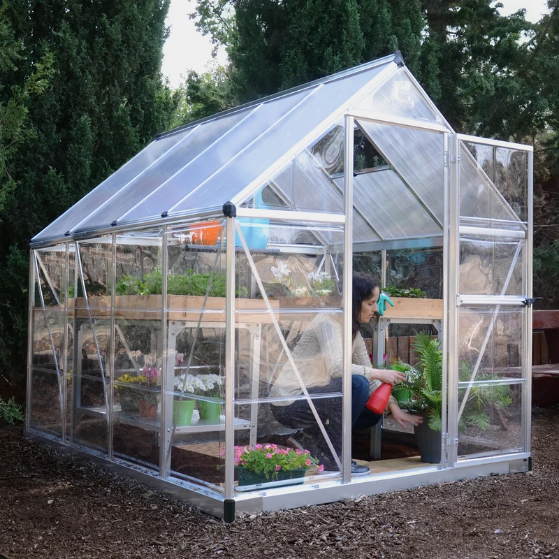 Serre de jardin Hybrid 4,6 m² – argent - polycarbonate double paroi, aluminium, base acier, ventilation, montage facile