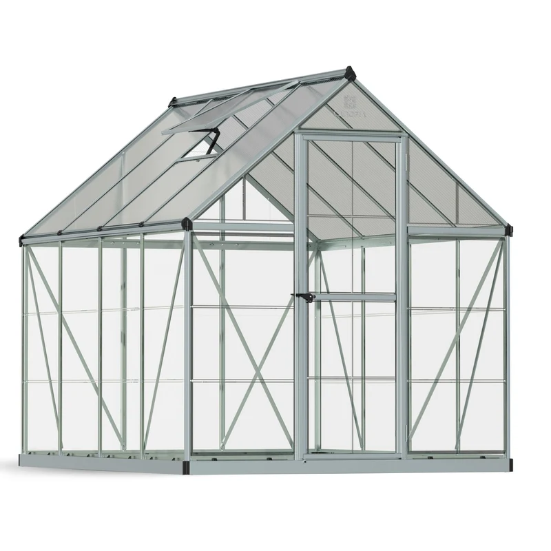 Serre de jardin Hybrid 4,6 m² – argent - polycarbonate double paroi, aluminium, base acier, ventilation, montage facile