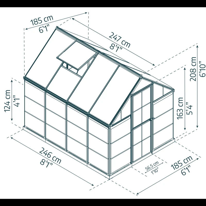Serre de jardin Hybrid 4,6 m² – argent - polycarbonate double paroi, aluminium, base acier, ventilation, montage facile