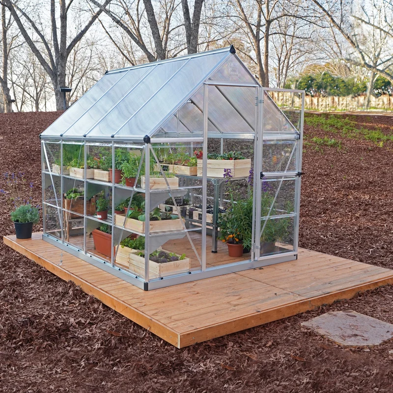 Serre de jardin Hybrid 4,6 m² – argent - polycarbonate double paroi, aluminium, base acier, ventilation, montage facile