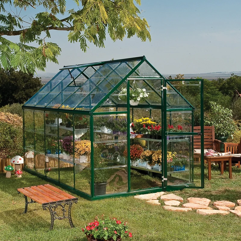 Serre de jardin Harmony 5,7 m² – vert - polycarbonate transparent, aluminium, base acier, ventilation, montage facile