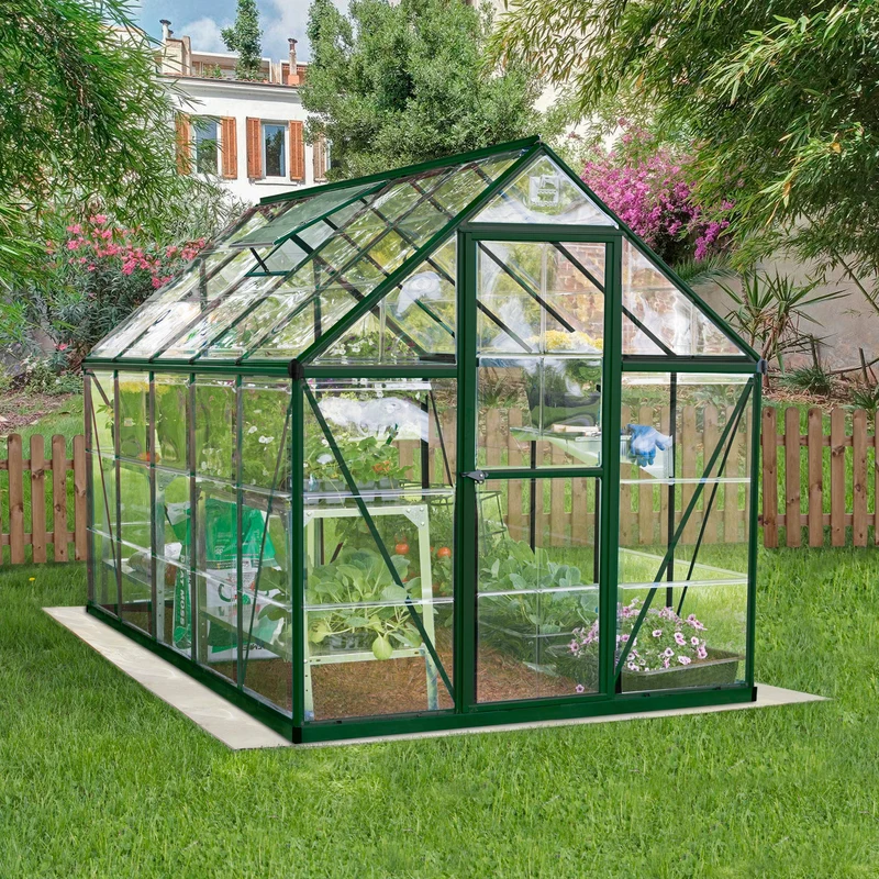 Serre de jardin Harmony 5,7 m² – vert - polycarbonate transparent, aluminium, base acier, ventilation, montage facile