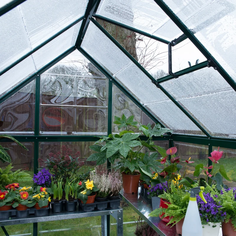 Serre de jardin Harmony 5,7 m² – vert - polycarbonate transparent, aluminium, base acier, ventilation, montage facile