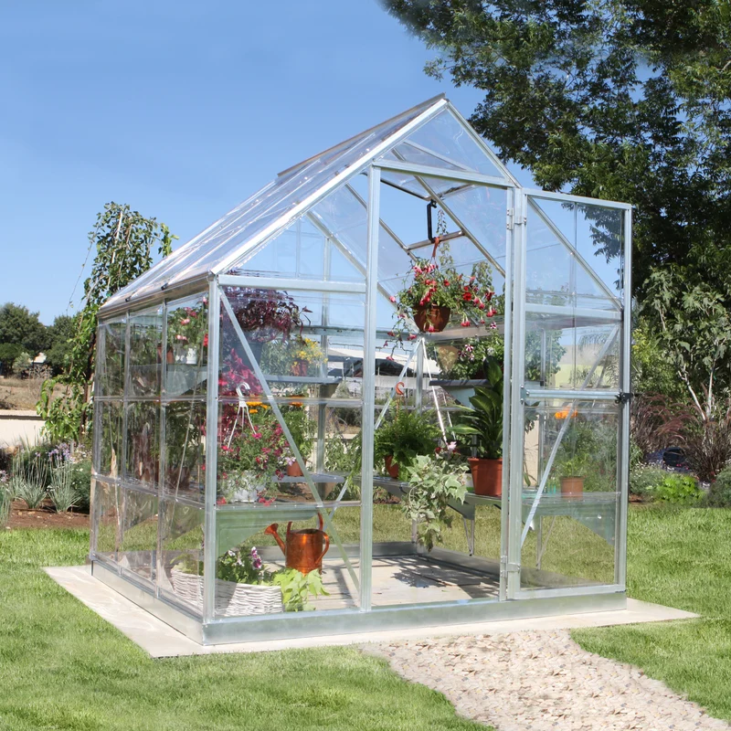 Serre de jardin Harmony 3,4 m² – argent - polycarbonate transparent, aluminium, base acier, ventilation, montage facile