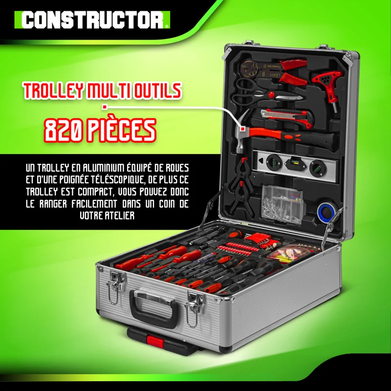 Trolley multi-outils Constructor – kit complet 4 étuis, portable avec roues et poignée télescopique, pour bricolage et entretien