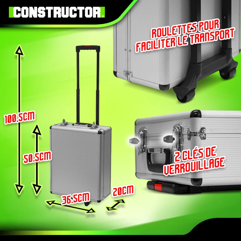 Trolley multi-outils Constructor – kit complet 4 étuis, portable avec roues et poignée télescopique, pour bricolage et entretien