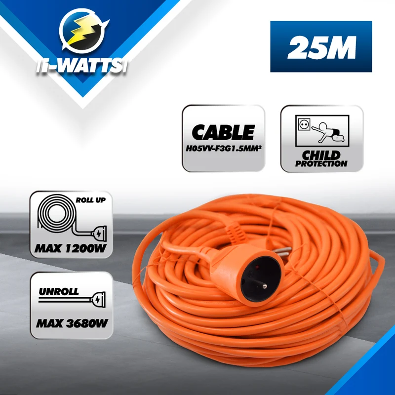 Rallonge électrique de jardin 25 m câble HO5VV-F 3G1.5 - 3680W, NF, sécurité enfant, câble orange haute visibilité