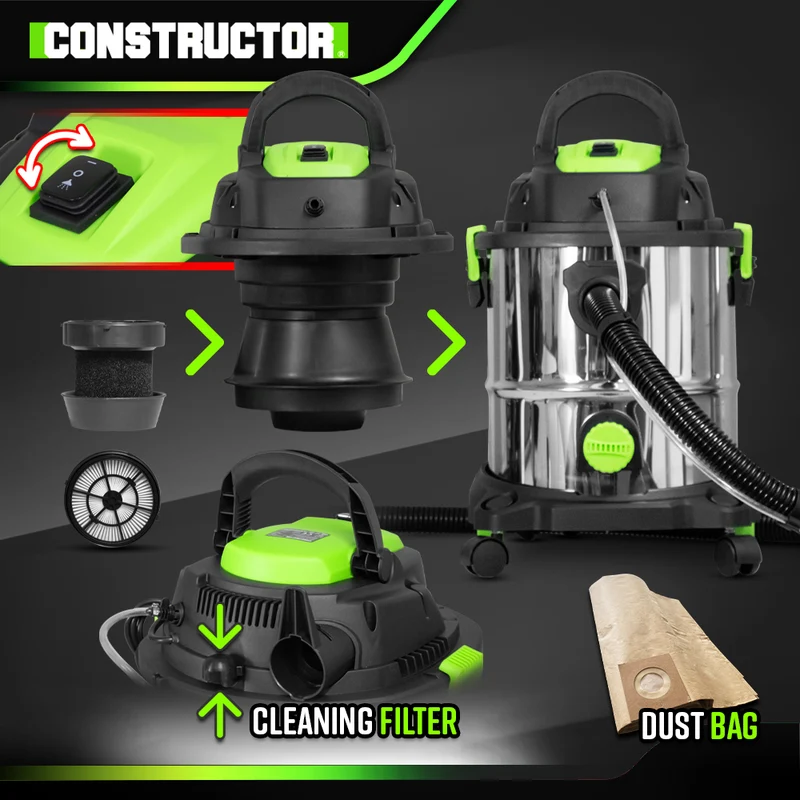 Aspirateur eau et poussière 1400W avec shampouineuse 20L inox