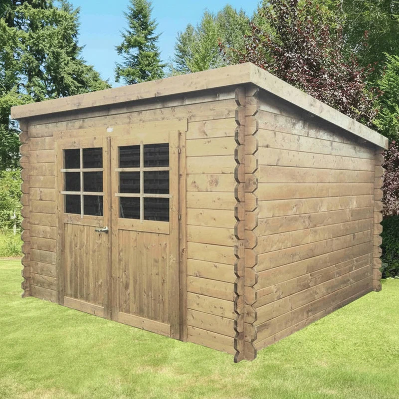 Abri de jardin Riom - 2,98 x 2,38 m - sapin du Nord certifié - toiture plate - double-porte avec fenêtres. -bois imprégné
