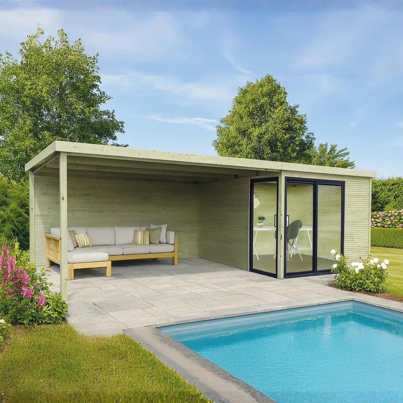 Abri de jardin Sagres Visio - avec espace ouvert - 3,04 x 3,04 + 3,95 m - sapin du Nord certifié - toiture plate - baie vitrée coulissante - bois imprégné