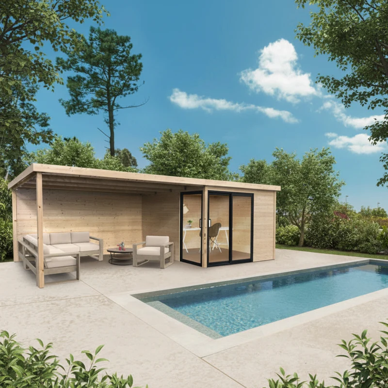 Abri de jardin Sagres Visio - avec espace ouvert - 3,04 x 3,04 + 3,95 m - sapin du Nord certifié - toiture plate - baie vitrée coulissante - bois imprégné