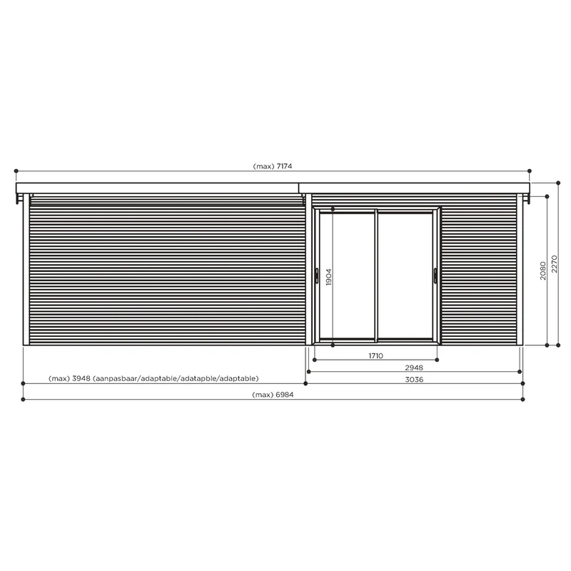 Abri de jardin Sagres Visio - avec espace ouvert - 3,04 x 3,04 + 3,95 m - sapin du Nord certifié - toiture plate - baie vitrée coulissante - bois imprégné
