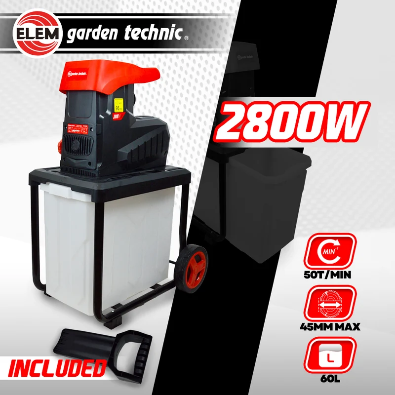 Broyeur de végétaux électrique 2800 W – Cylindre porte-couteaux – Coupe 45 mm – Silencieux avec bac 60 L
