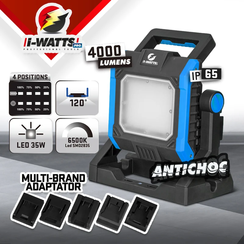 Projecteur de chantier LED 35W multi-batterie 18-20V – 4000 lumens IP65 I-Watts Pro