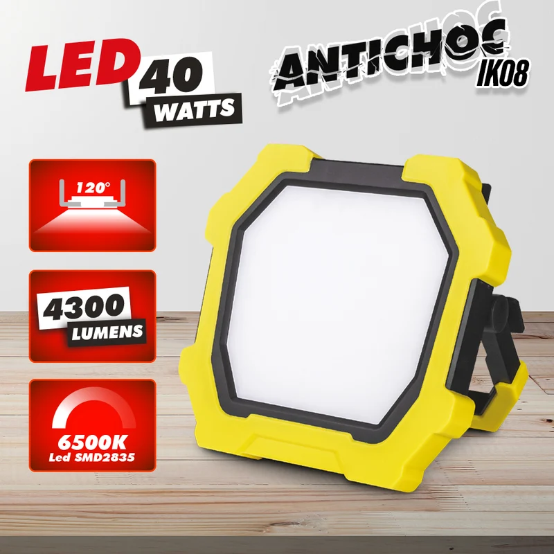 Projecteur LED de chantier 40W 4300 lumens IP54 IK08 – éclairage de travail puissant et portable