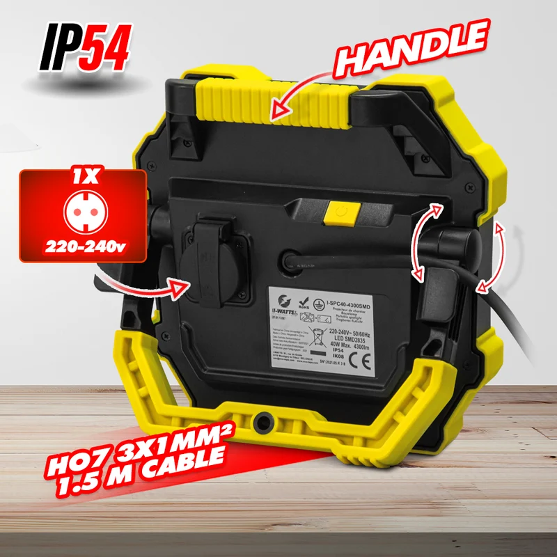 Projecteur LED de chantier 40W 4300 lumens IP54 IK08 – éclairage de travail puissant et portable