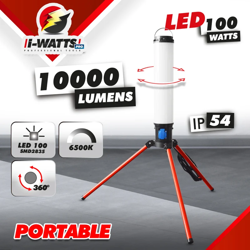 Projecteur LED de chantier 100W sur trépied 360° 10 000 lumens IP54 – éclairage chantier professionnel