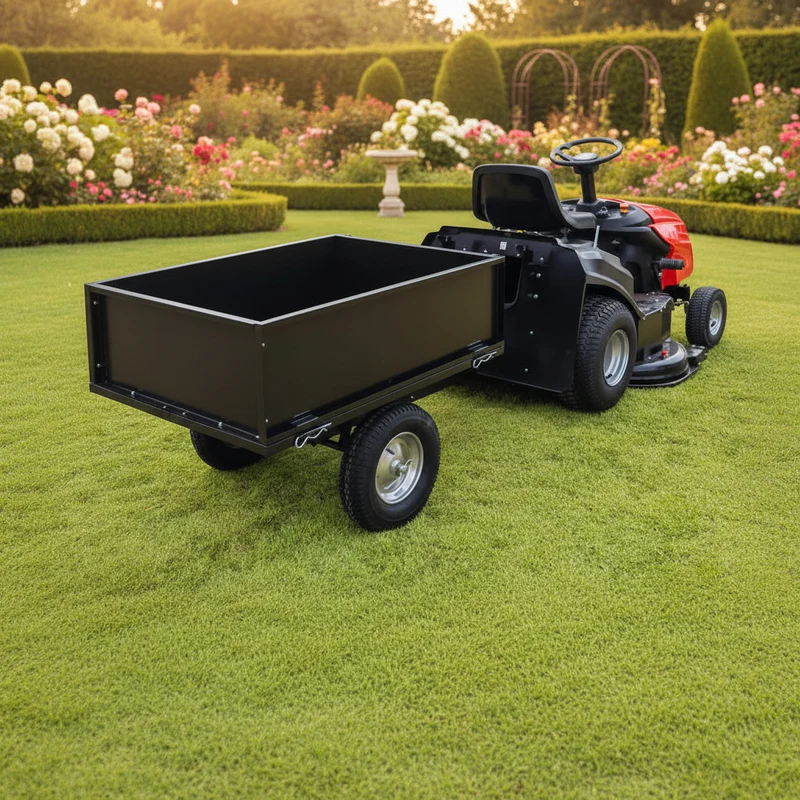 Remorque tracteur tondeuse 225 kg – 280 L, benne basculante, acier robuste