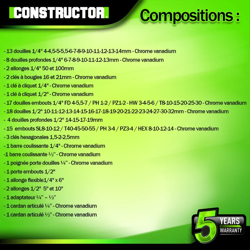 Coffret à douilles 94 pièces – Chrome Vanadium – usage intensif, robuste et complet