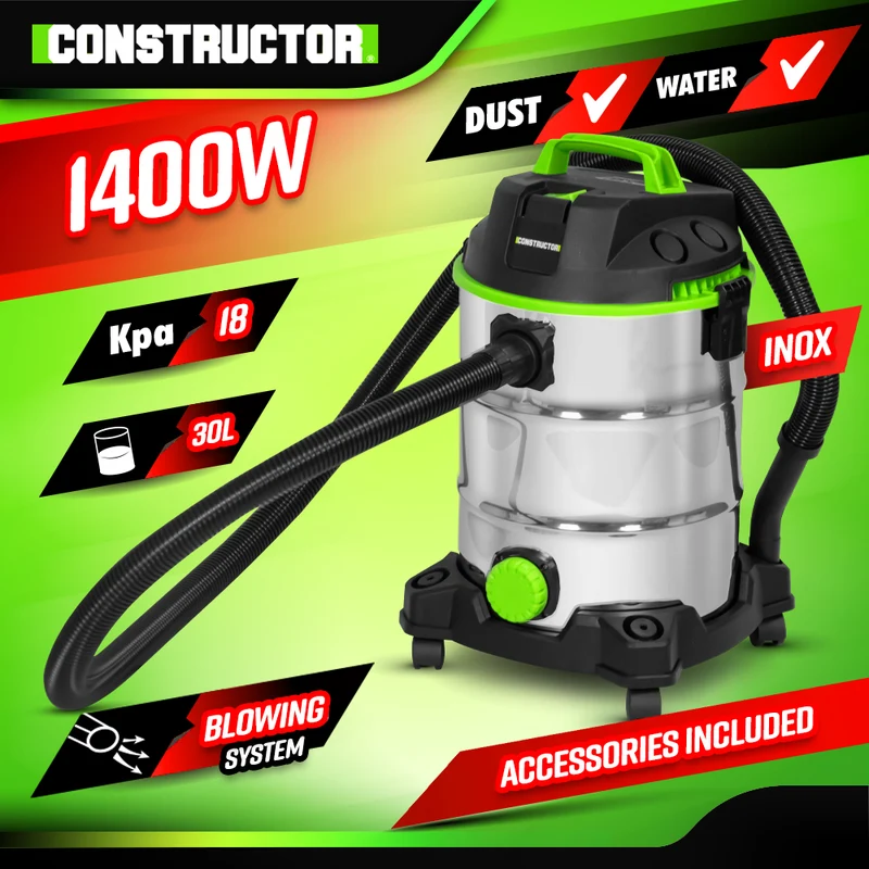 Aspirateur eau et poussières 30L – 1400W – Cuve inox – Fonction soufflerie – Accessoires inclus