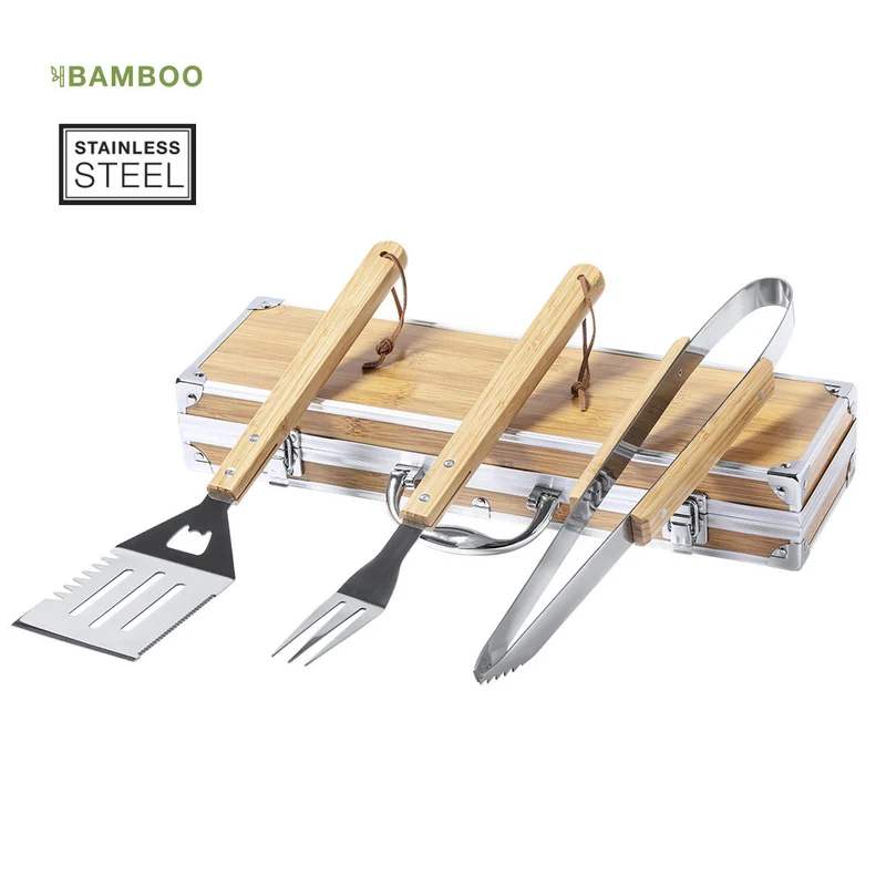 Set pour barbecue 3 accessoires en bambou et acier inoxydable LENVIT