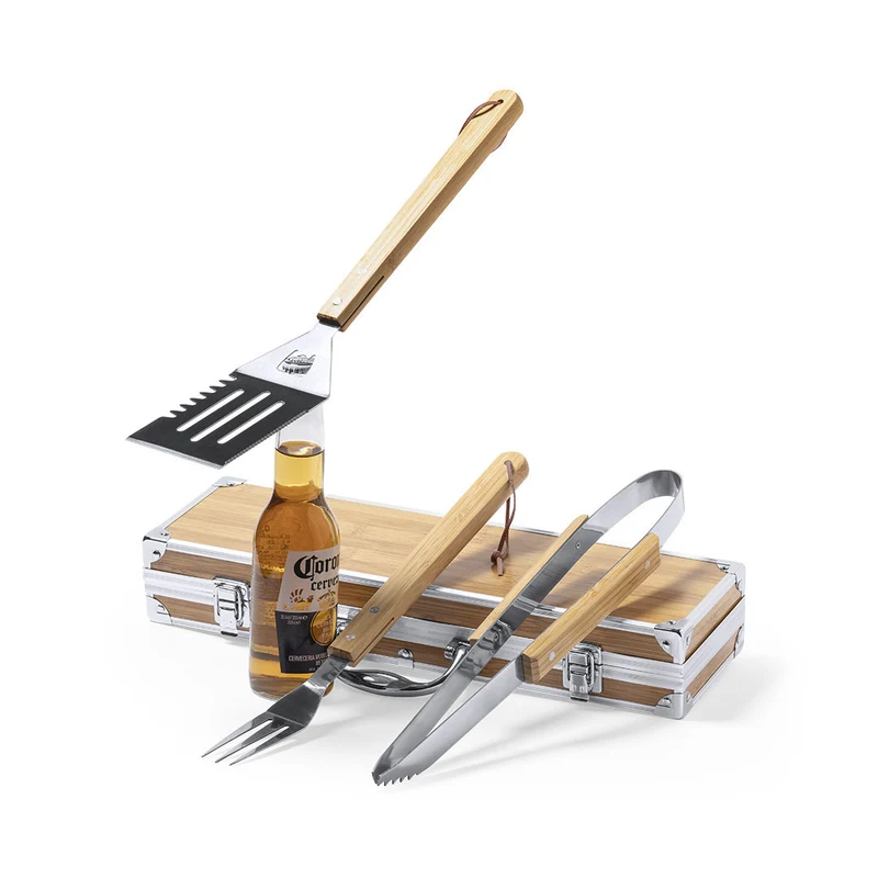 Set pour barbecue 3 accessoires en bambou et acier inoxydable LENVIT