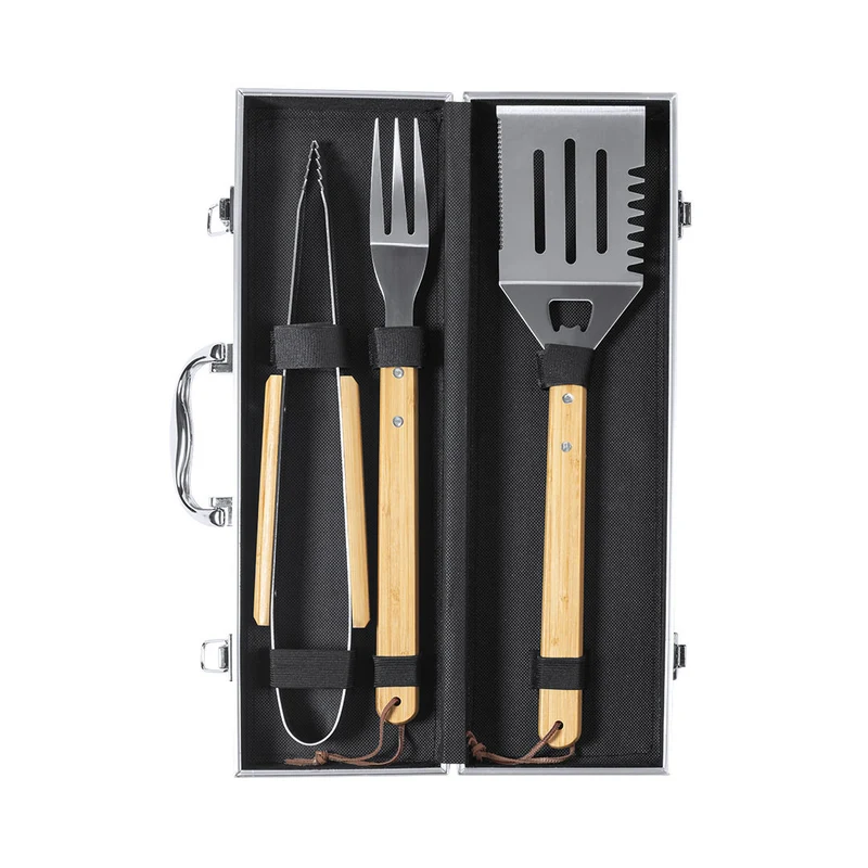 Set pour barbecue 3 accessoires en bambou et acier inoxydable LENVIT