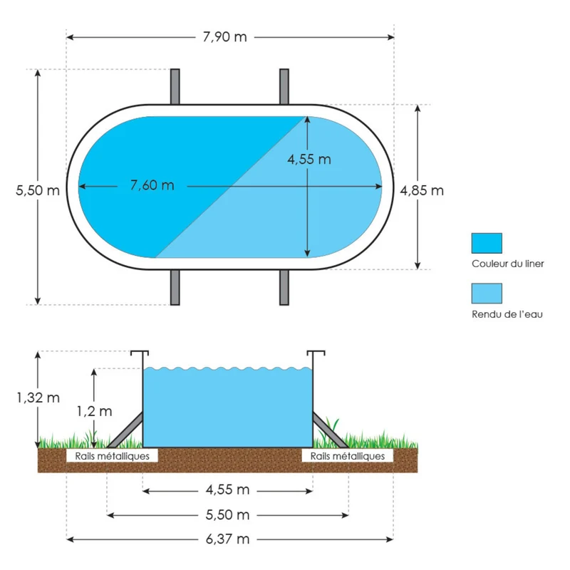 Piscine Saphir 7,90 x 4,85 m – Rectangulaire – 33 m³ – Acier galvanisé ondulé et prélaqué