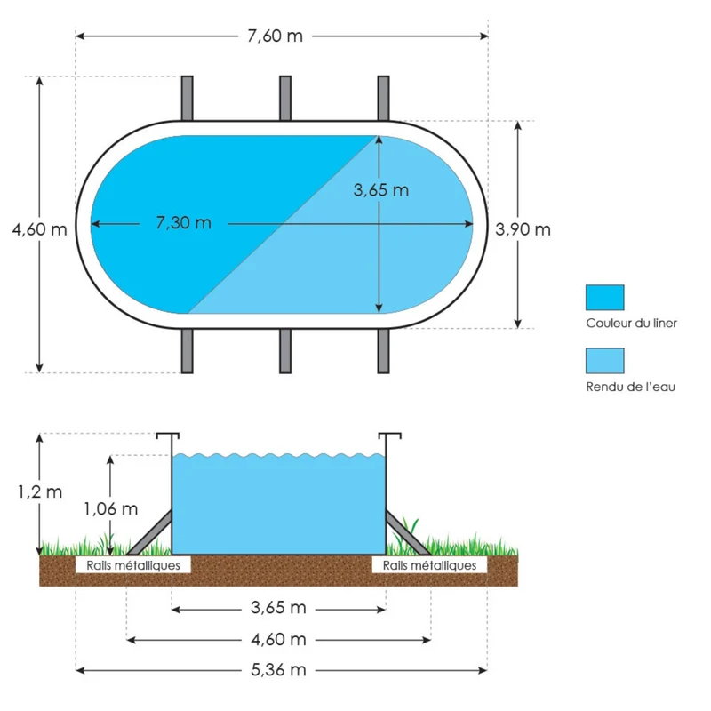 Piscine hors sol Saphir 7,60 x 3,90 m – Rectangulaire – 26 m³ – Acier galvanisé ondulé et prélaqué