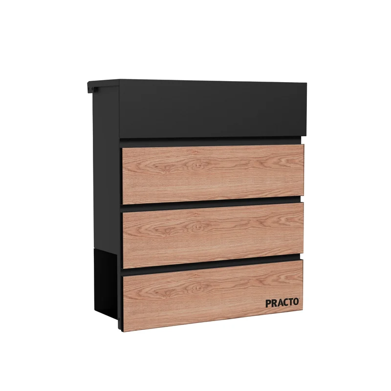 Boîte aux lettres murale CANNES – métal noir mat et bois – design moderne – porte-journaux – serrure avec clés