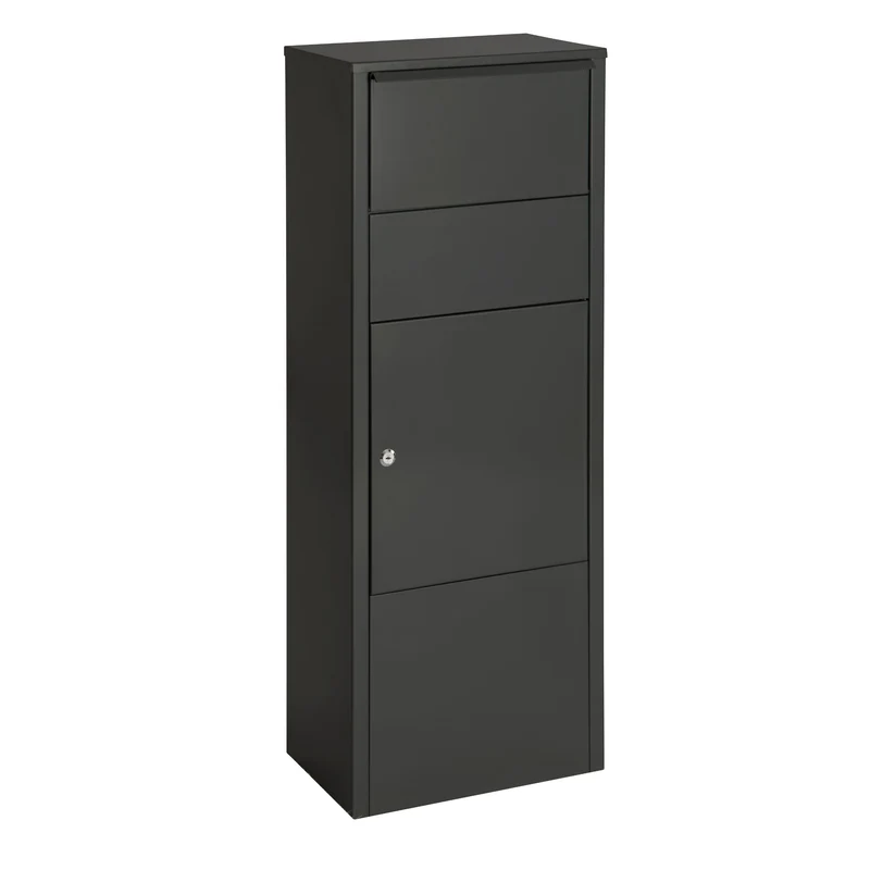 Boîte aux lettres pour paquets – colonne noire – acier laminé – grande ouverture – fixation au sol – serrure à clé