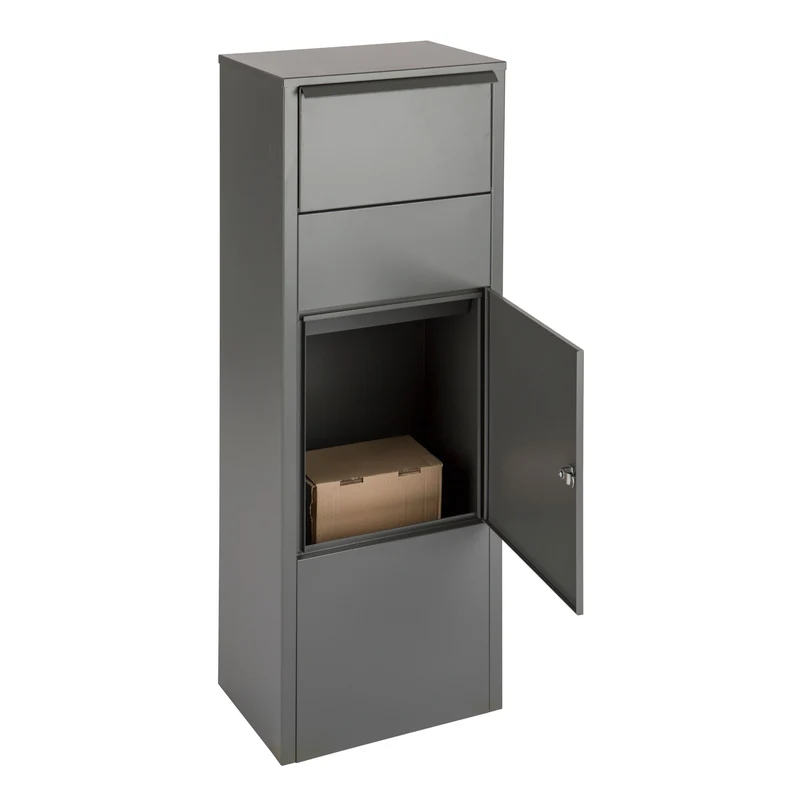 Boîte aux lettres pour paquets – colonne gris mat – acier laminé – grande ouverture – fixation au sol – serrure à clé