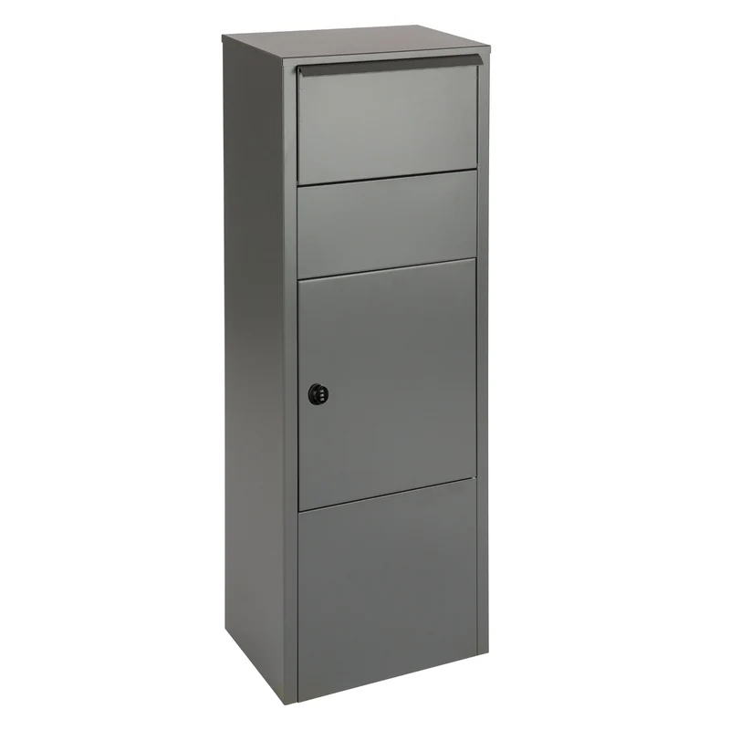 Boîte aux lettres pour paquets – colonne gris mat – acier laminé – grande ouverture – fixation au sol – serrure à clé