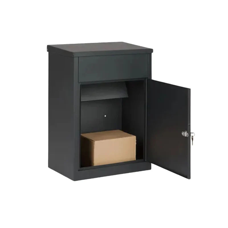 Boîte aux lettres pour paquets noire – acier laminé – grande ouverture – serrure à clé – fixation murale