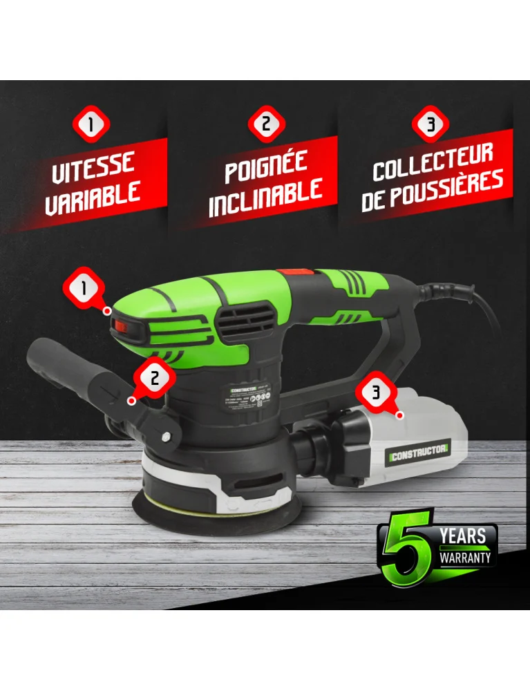 Ponceuse excentrique 450W – 125 mm – Vitesse variable – Aspiration intégrée