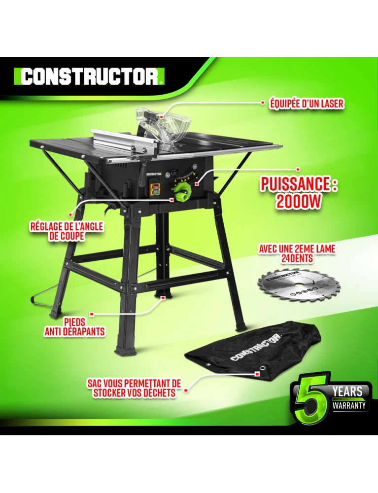 Scie circulaire sur table 2000W – 254 mm – coupe 87 mm – puissante, précise et polyvalente
