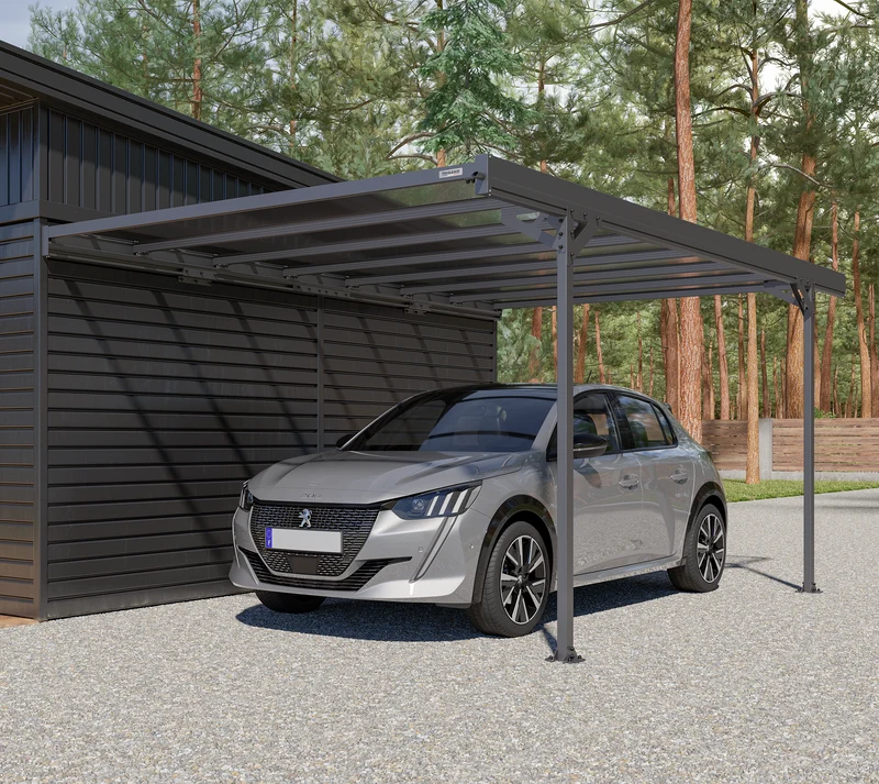 Carport adossé 15,42 m² en aluminium et polycarbonate, toit monopente