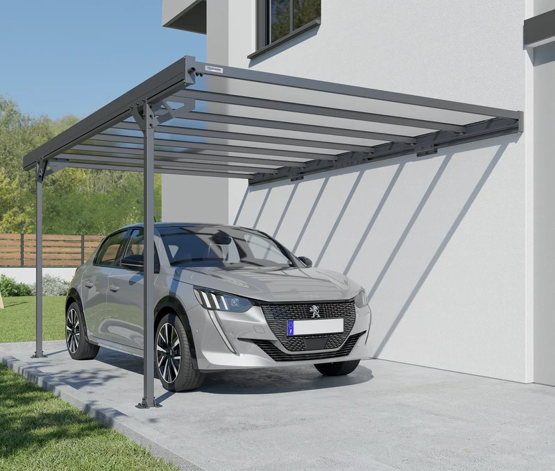 Carport adossé 15,42 m² en aluminium et polycarbonate, toit monopente