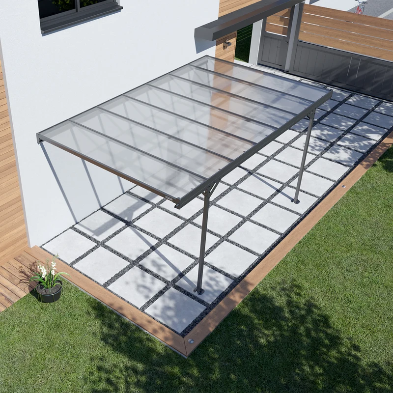 Carport adossé 15,42 m² en aluminium et polycarbonate, toit monopente