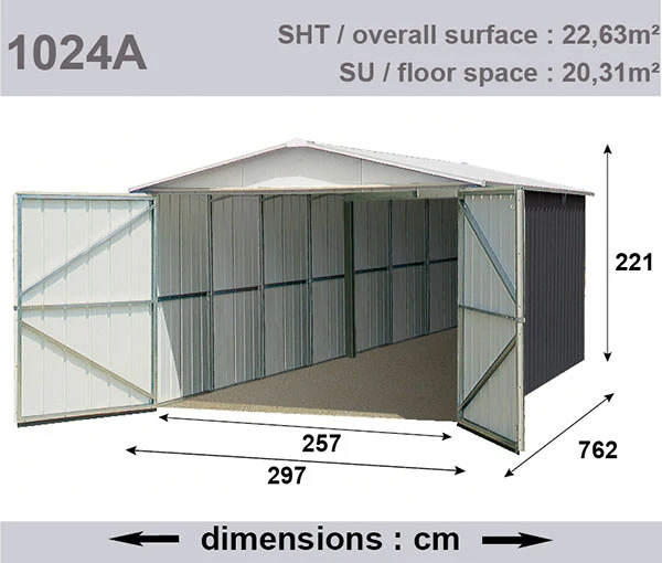 Garage en métal 22,63 m² – Double porte 257 cm – Toit translucide – Acier galvanisé – 15 ans garantie