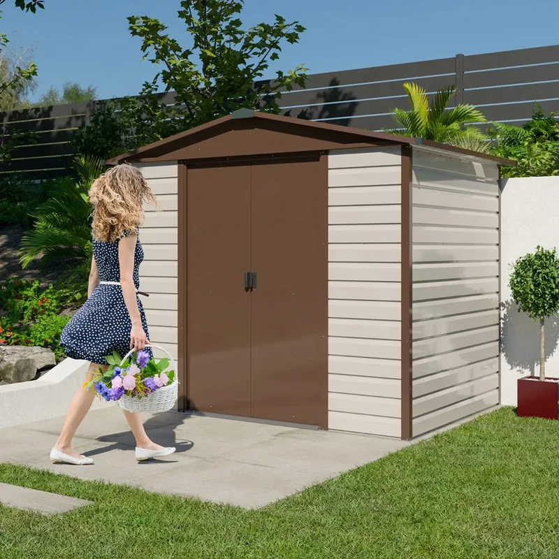 Abri de jardin en métal Stratford - 2,43 x 1,97 x 2,15 m - beige et marron – double-portes coulissantes