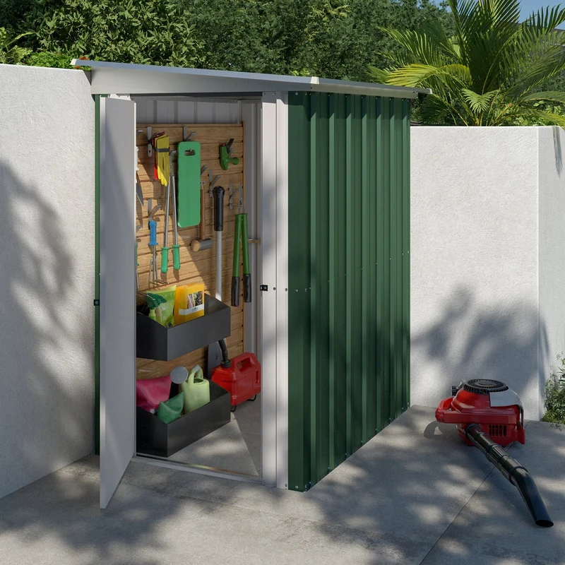 Abri de jardin en métal vert Ashford - 1,2 x 1,58 x 1,74 m – porte battante - compact, résistant, sans entretien pour rangement extérieur