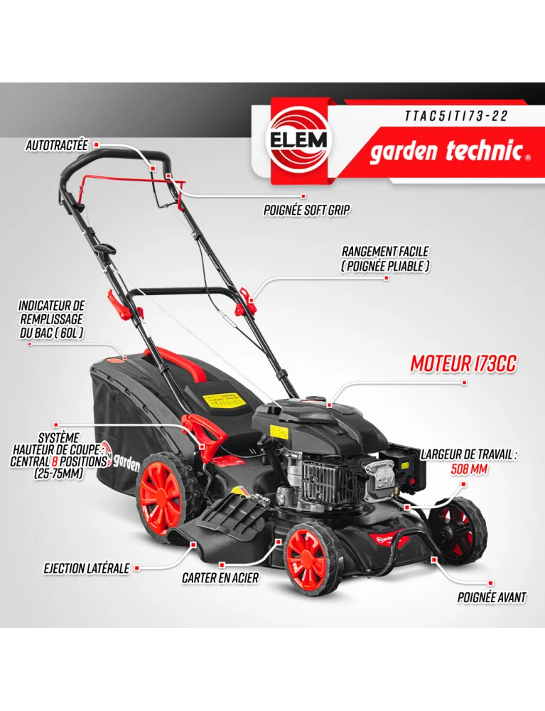 Tondeuse thermique autotractée 173 cc- 508 mm - 8 positions - avec éjection latérale et mulching