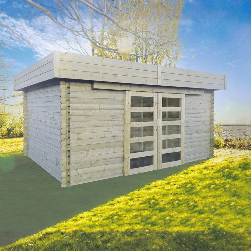 Abri de jardin Viborg - 4,18 x 3,28 - sapin du Nord certifié - toiture plate - double-porte coulissante avec fenêtres - bois imprégné